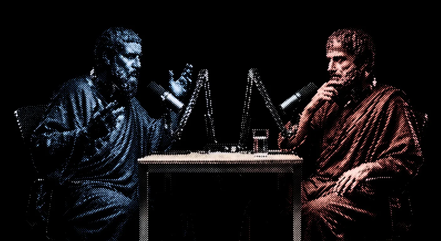 Two classical philosophers arguing across a podcast desk, rendered as an ink halftone